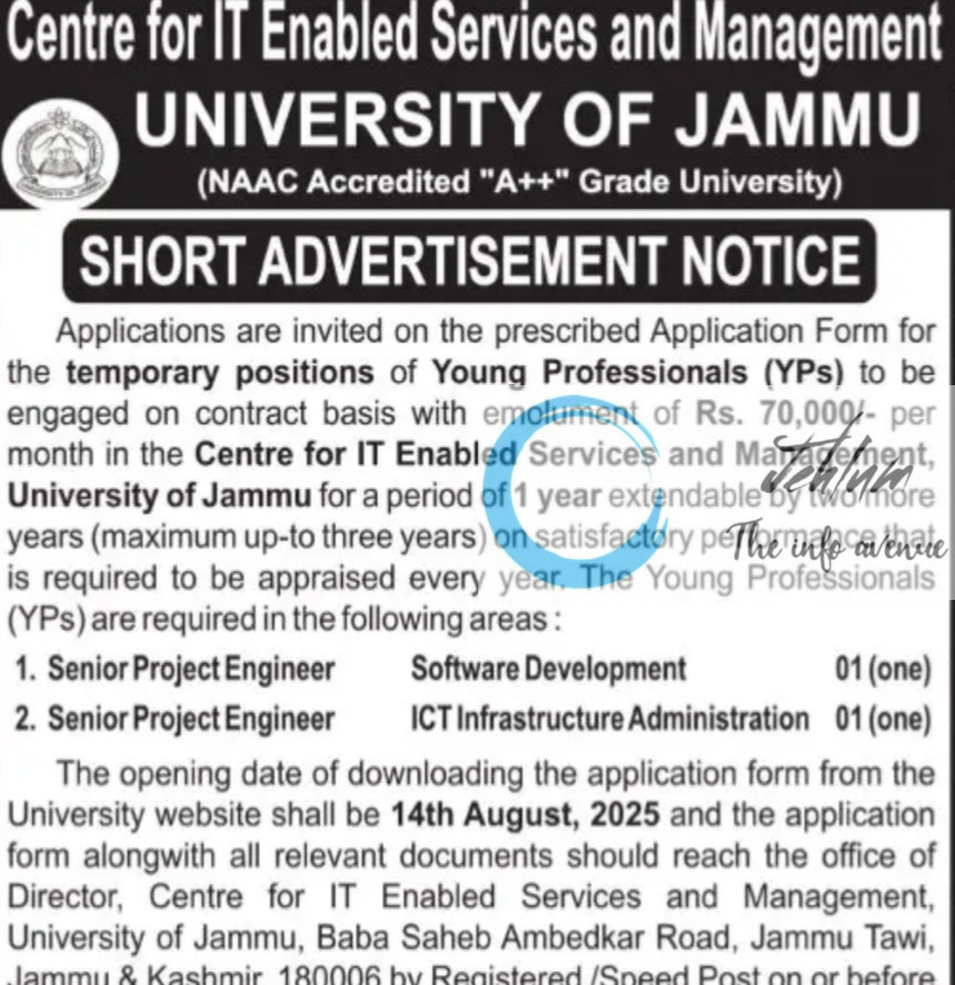 JAMMU UNIVERSITY CENTRE FOR IT ENABLED SERVICES AND MANAGEMENT JOB OPPORTUNITIES NOTICE CIT/JU/2025/1713