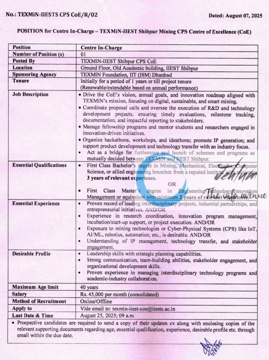 IIEST SHIBPUR MINING CPS COE JOB OPPORTUNITIES NOTICE TEXMIN-HESTS CPS COE/R/02