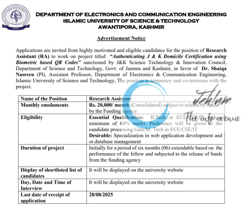 IUST DEPARTMENT OF ELECTRONICS AND COMMUNICATION ENGINEERING JOB OPPORTUNITIES NOTICE 2025