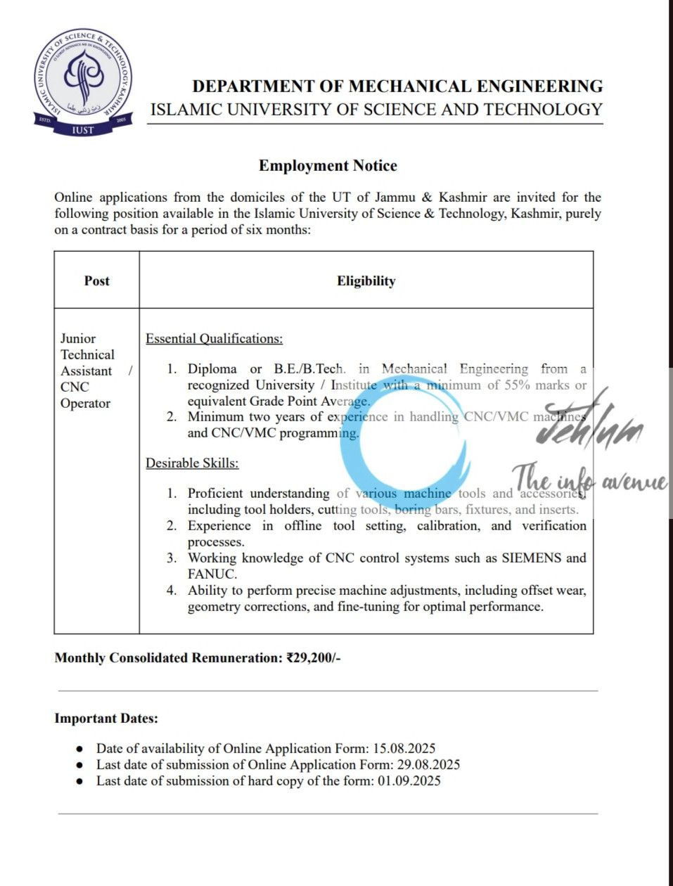 IUST DEPARTMENT OF MECHANICAL ENGINEERING EMPLOYMENT OPPORTUNITIES 2025
