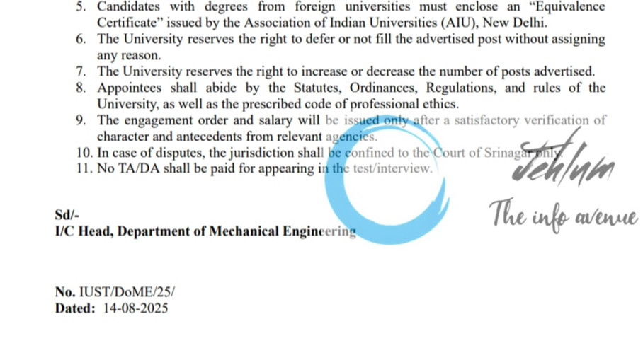 IUST DEPTT OF MECHANICAL ENGINEERING EMPLOYMENT NOTICE 2025