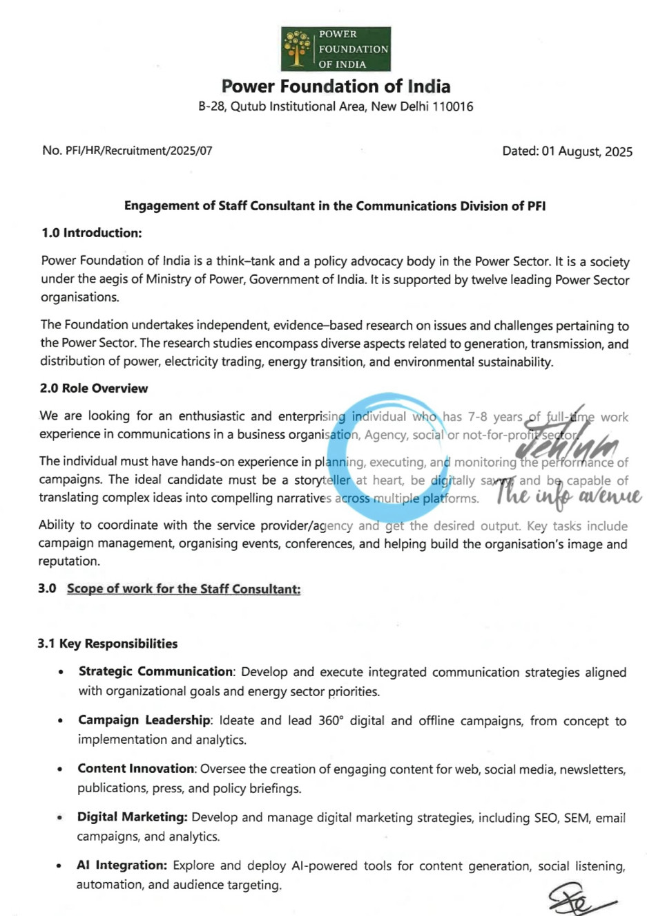 POWER FOUNDATION OF INDIA COMMUNICATIONS DIVISION JOB OPPORTUNITIES NOTICE PFI/HR/Recruitment/2025/07