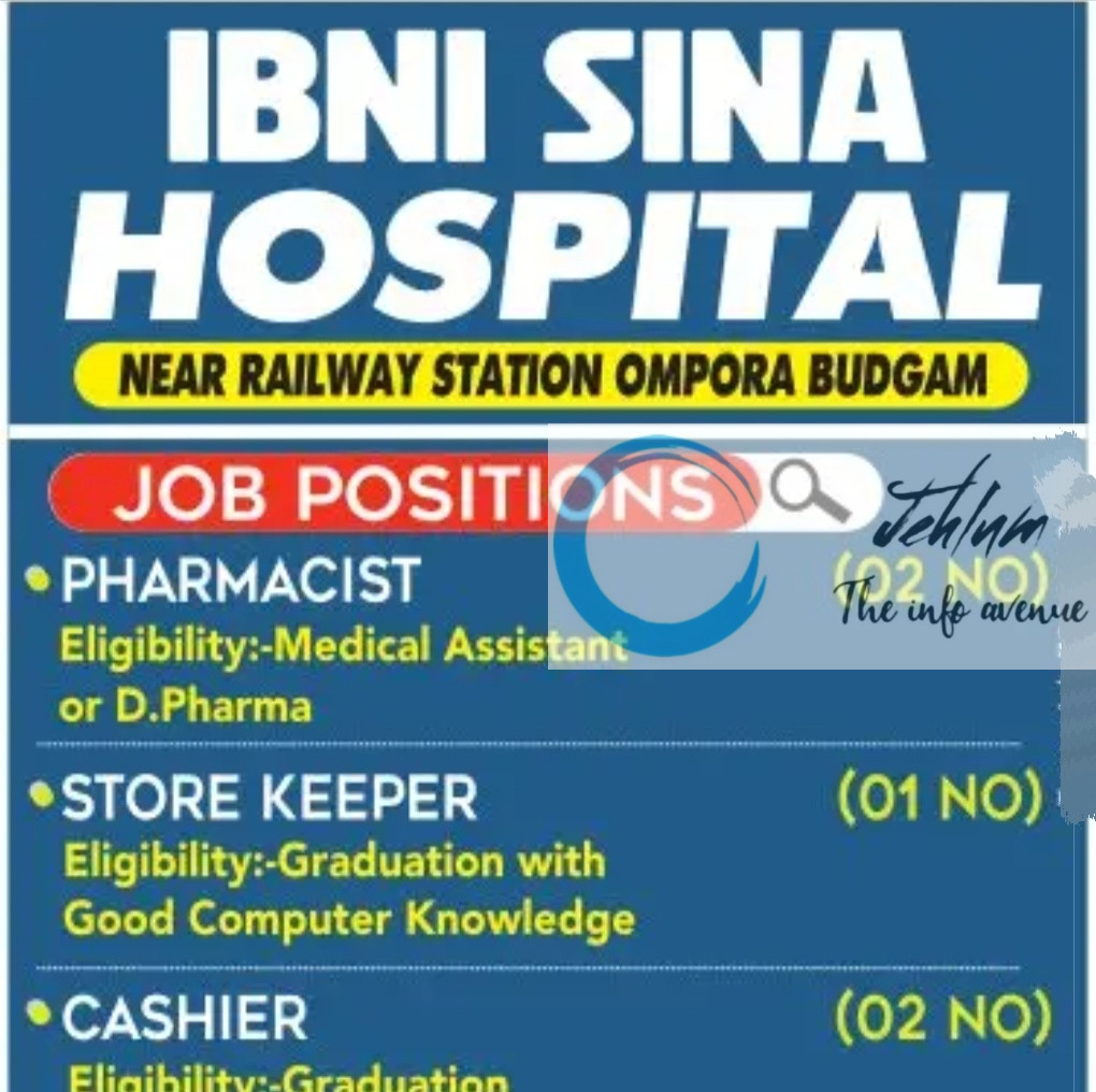 IBNI SINA HOSPITAL ISH Ompora Budgam Pharmacist Store Keeper Cashier Recruitment 2025