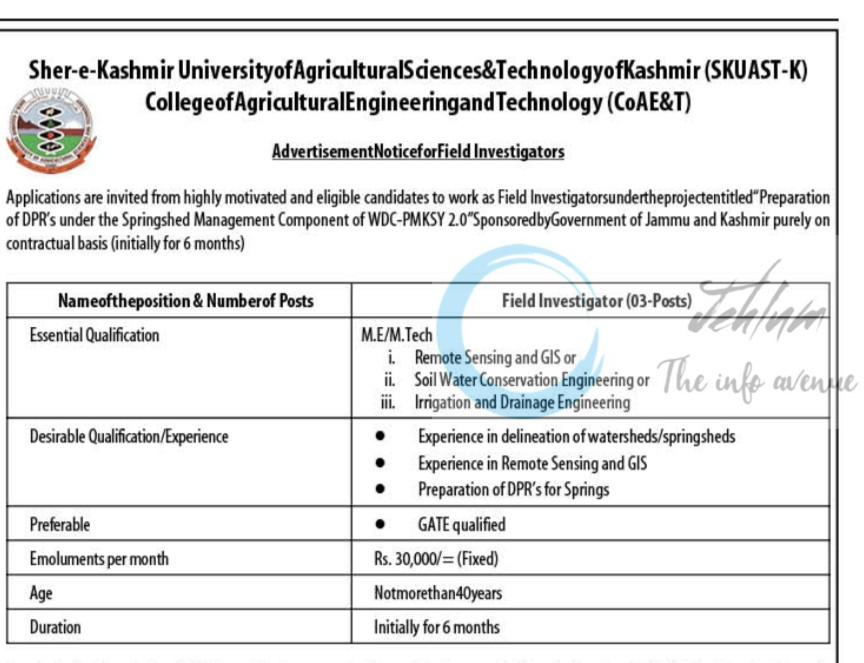 SKUAST K COLLEGE OF AGRICULTURAL ENGINEERING AND TECHNOLOGY CoAE&T FIELD INVESTIGATOR ADVERTISEMENT NOTICE 2025