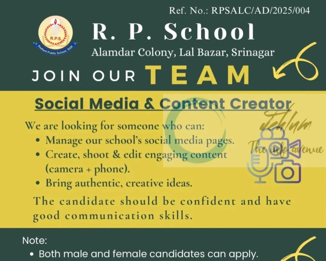 R P School Srinagar Social Media/ Content Creator Job Opportunities RPSALC/AD/2025/004