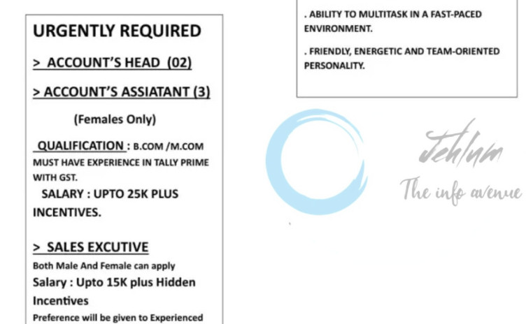 MIR Sales Corporation MSC Srinagar Accounts Head/Assistant /Sales Executive Recruitment Opportunity 2025