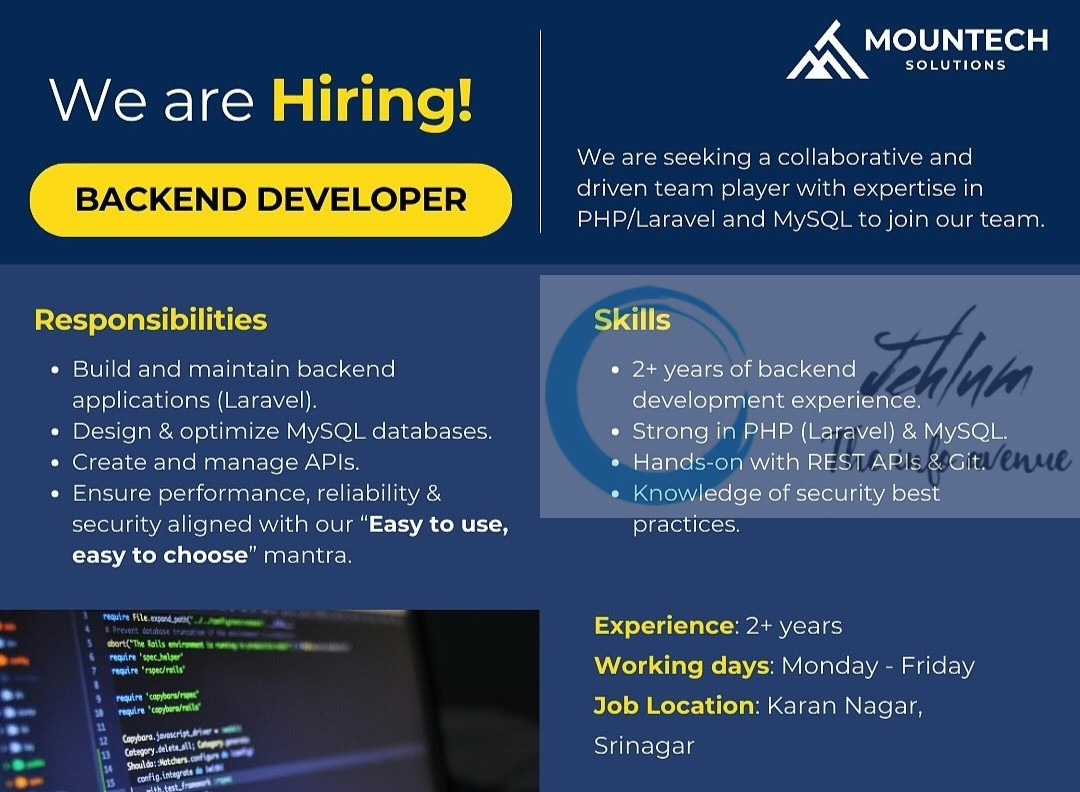 MounTech Solutions Srinagar Backend Developer Recruitment Top Careers 2025