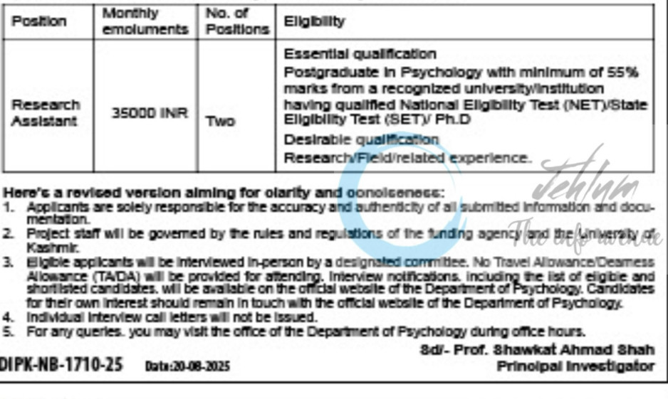 KASHMIR UNIVERSITY KU DEPARTMENT OF PSYCHOLOGY RESEARCH ASSISTANT JOB OPPORTUNITIES 2025