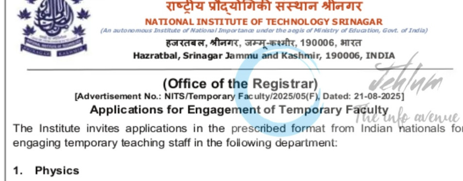 NIT SRINAGAR DEPTT OF PHYSICS FACULTY JOB OPPORTUNITIES 2025
