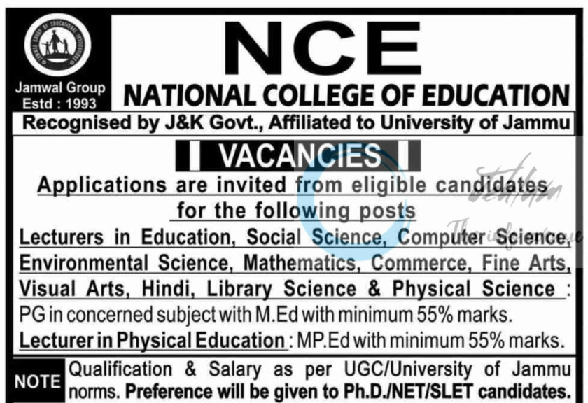 National College of Education NCE Jammu Dynamic Lecturer Faculty Recruitment Notification 2025