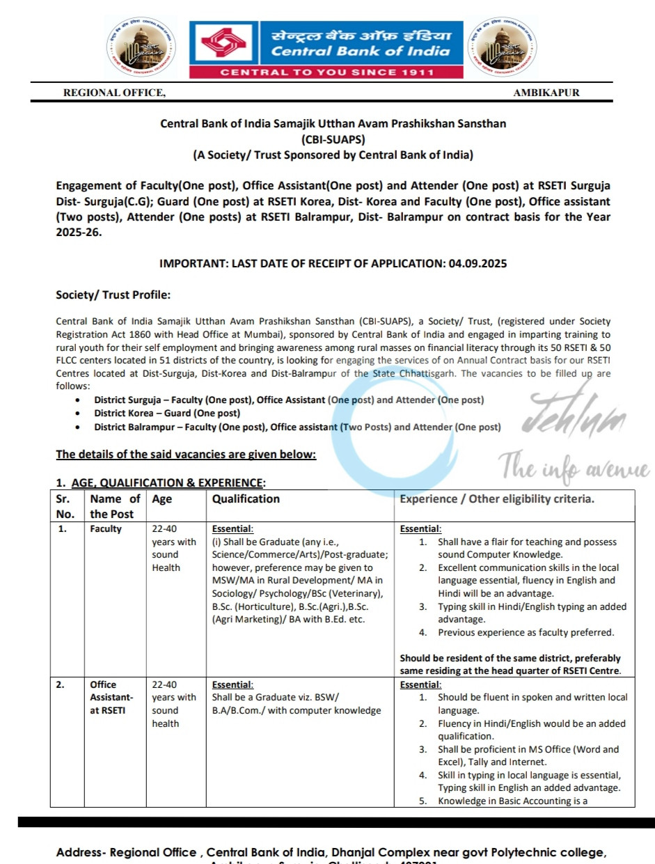 CBI SUAPS RURAL SELF EMPLOYMENT TRAINING INSTITUTES FACULTY JOB OPPORTUNITIES 2025