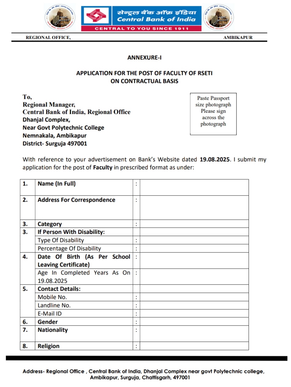 Central Bank of India – RSETI Faculty Jobs Recruitment 2025-26