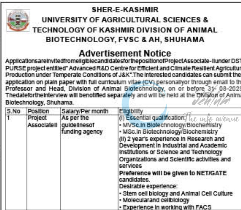 SKUAST K DIVISION OF ANIMAL BIOTECHNOLOGY PROJECT ASSOCIATE JOB OPPORTUNITIES 2025