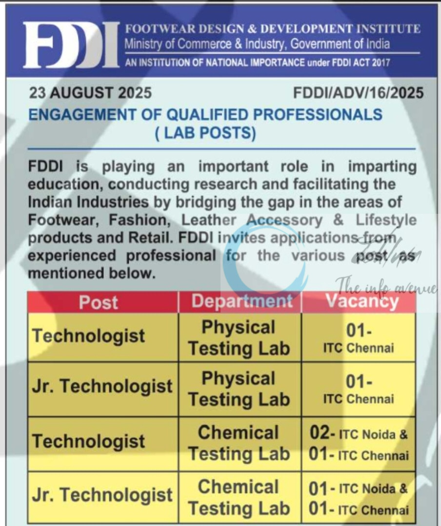 FOOTWEAR DESIGN AND DEVELOPMENT INSTITUTE FDDI Technologist/Jr Technologist Job Posts Notification FDDI/ADV/16/2025