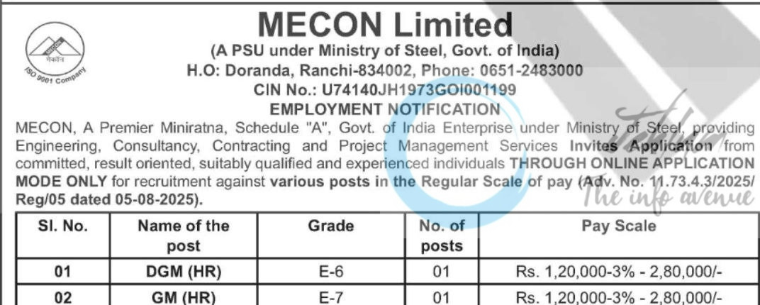MECON LIMITED RANCHI JOB OPPORTUNITIES NOTICE 11/73/4/3/2025/Reg/05
