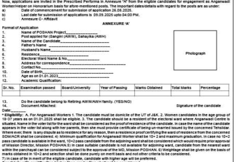 OFFICE OF THE CHILD DEVELOPMENT PROJECT OFFICER SRINAGAR AWW AWH JOB OPPORTUNITIES NOTICE 02 CDPO SGR of 2025