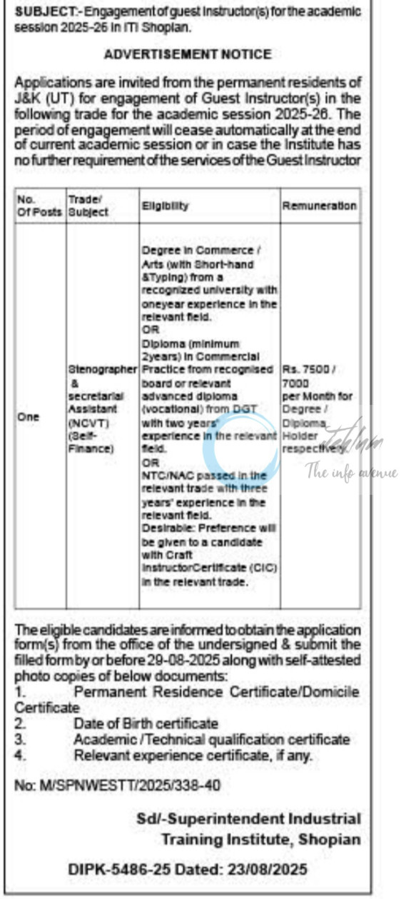 INDUSTRIAL TRAINING INSTITUTE ITI SHOPIAN GUEST INSTRUCTOR JOB OPPORTUNITIES NOTICE M/SPNWESTT/2025/338-40