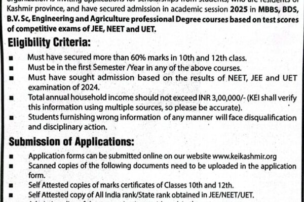 Kashmir Education Initiative KEI Srinagar Undergraduate Professional Scholarship Notice 2025