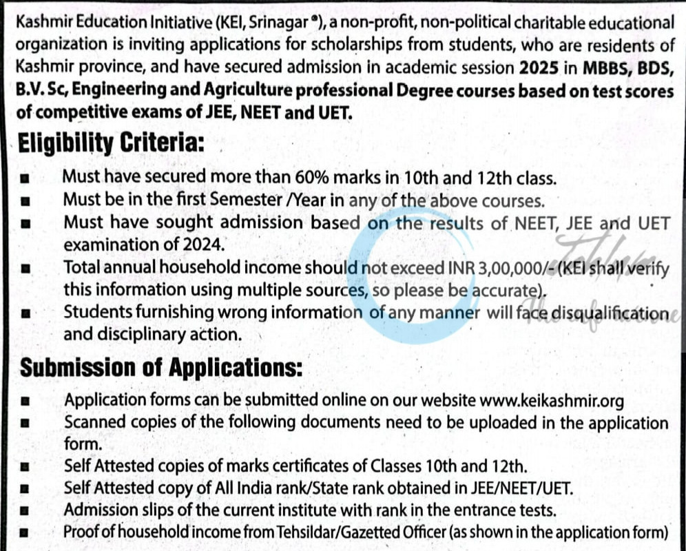 Kashmir Education Initiative KEI Srinagar Undergraduate Professional Scholarship Notice 2025
