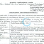 SKUAST JAMMU DIVISION OF PLANT BREEDING AND GENETICS JRF JOB OPPORTUNITIES NOTICE AUJ/P/BRNS/25/26/41-46/2025