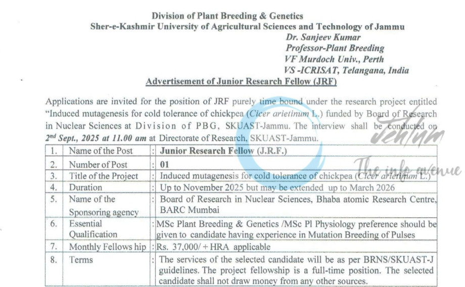 SKUAST JAMMU DIVISION OF PLANT BREEDING AND GENETICS JRF JOB OPPORTUNITIES NOTICE AUJ/P/BRNS/25/26/41-46/2025