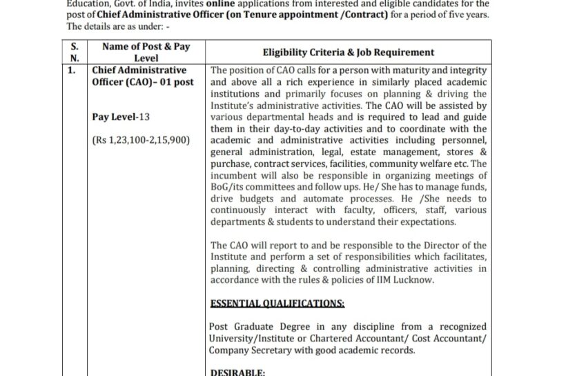 INDIAN INSTITUTE OF MANAGEMENT LUCKNOW CAO JOB OPPORTUNITIES IIML/Rectt-08C/2025 INDIAN INSTITUTE OF MANAGEMENT LUCKNOW CAO JOB OPPORTUNITIES IIML/Rectt-08C/2025