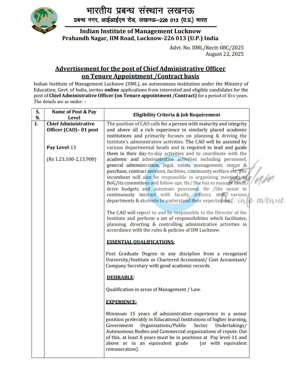 INDIAN INSTITUTE OF MANAGEMENT LUCKNOW CAO JOB OPPORTUNITIES IIML/Rectt-08C/2025