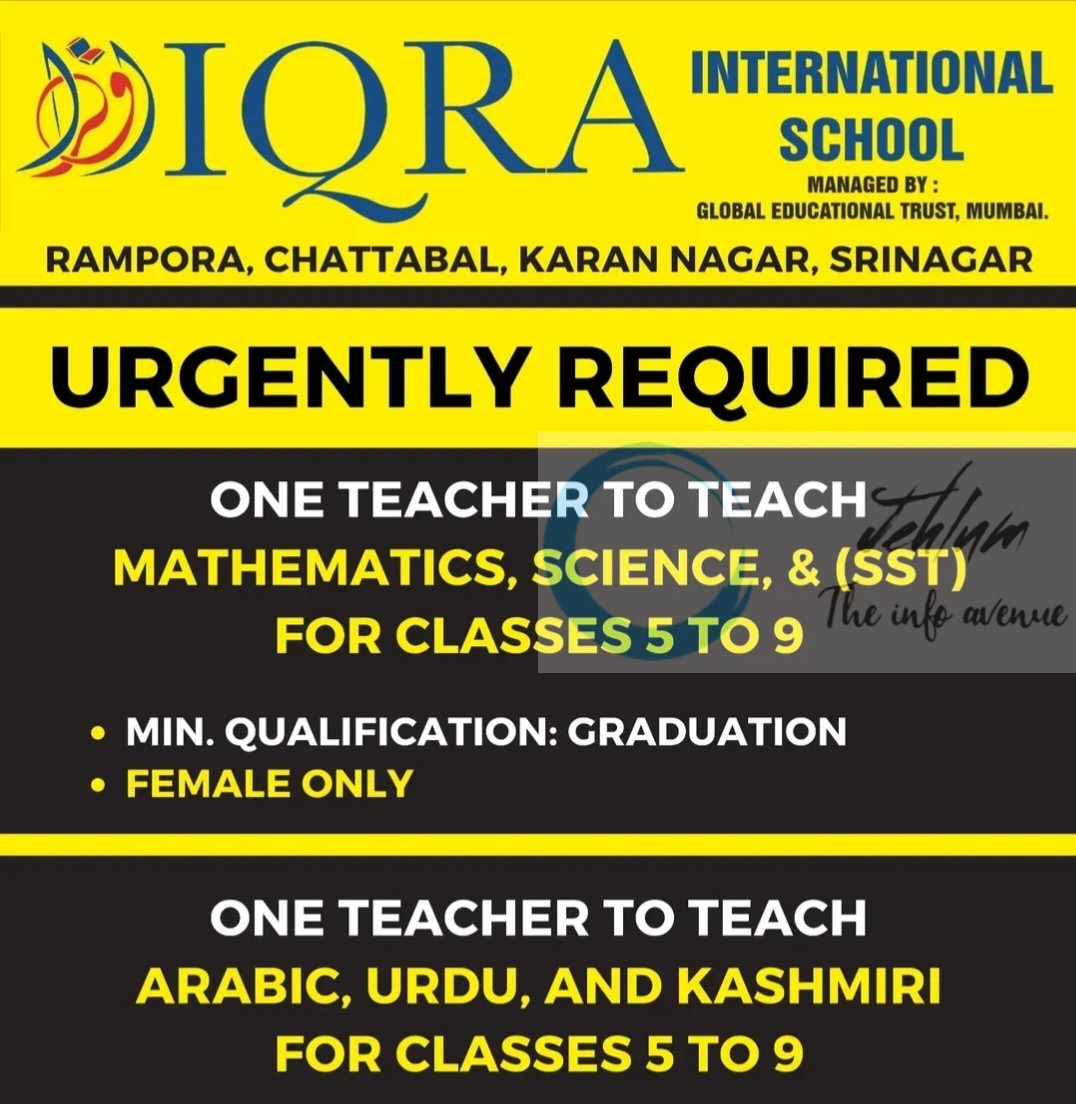 Iqra International School Srinagar Teacher Vacancy Urgent Hiring 2025