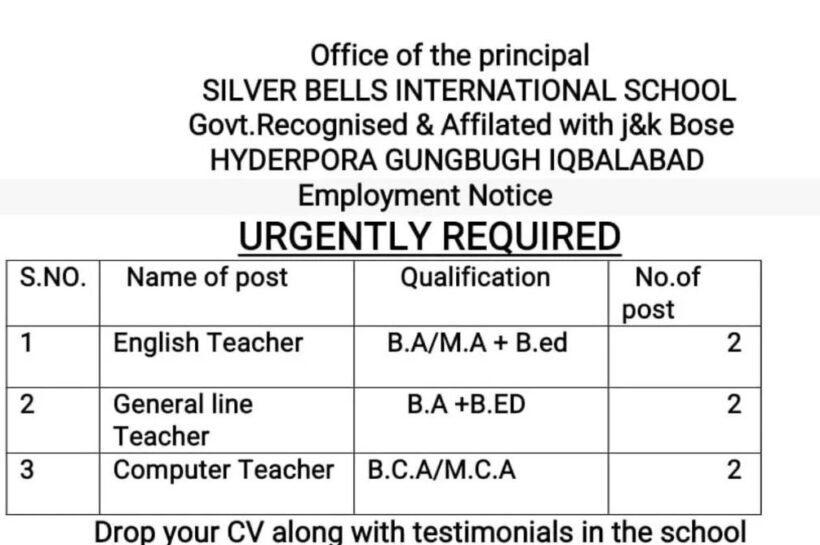 SILVER BELLS INTERNATIONAL SCHOOL SBIS SRINAGAR GENERAL LINE TEACHER JOB OPPORTUNITIES 2025
