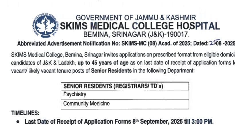SKIMS MEDICAL COLLEGE SRINAGAR SENIOR RESIDENTS PSYCHIATRY COMMUNITY MEDICINE ADVERTISEMENT No SKIMSMC 08 Acad of 2025 URGENT HIRING 2025