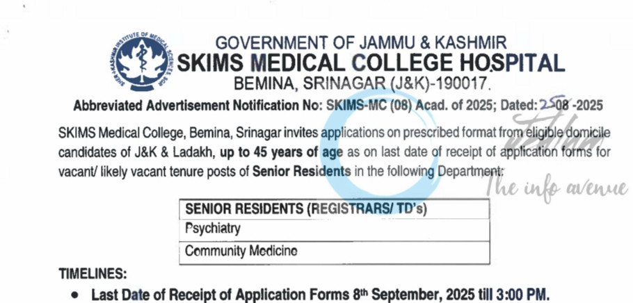 SKIMS MEDICAL COLLEGE SRINAGAR SENIOR RESIDENTS PSYCHIATRY COMMUNITY MEDICINE ADVERTISEMENT No SKIMSMC 08 Acad of 2025 URGENT HIRING 2025