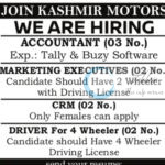 KASHMIR MOTORS SRINAGAR HIRING ACCOUNTANT MARKETING EXECUTIVE CRM DRIVER JOB OPPORTUNITIES 2025