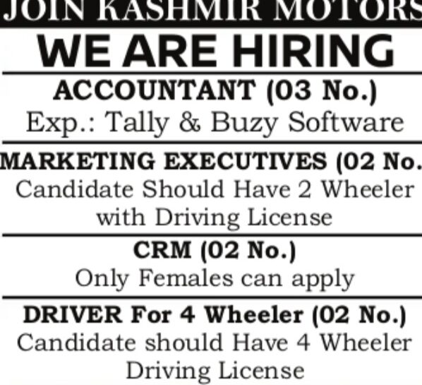 KASHMIR MOTORS SRINAGAR HIRING ACCOUNTANT MARKETING EXECUTIVE CRM DRIVER JOB OPPORTUNITIES 2025