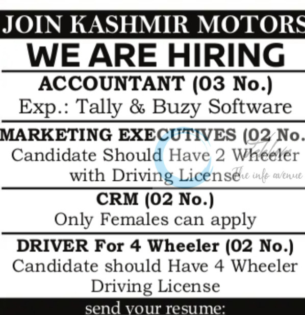 KASHMIR MOTORS SRINAGAR HIRING ACCOUNTANT MARKETING EXECUTIVE CRM DRIVER JOB OPPORTUNITIES 2025