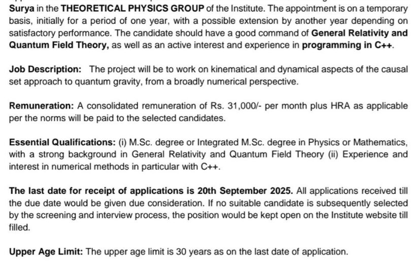 Raman Research Institute RRI Bangalore Theoretical Physics Group Hiring Research Assistant opportunity notice 20/2025 Raman Research Institute RRI Bangalore Theoretical Physics Group Hiring Research Assistant opportunity notice 20/2025