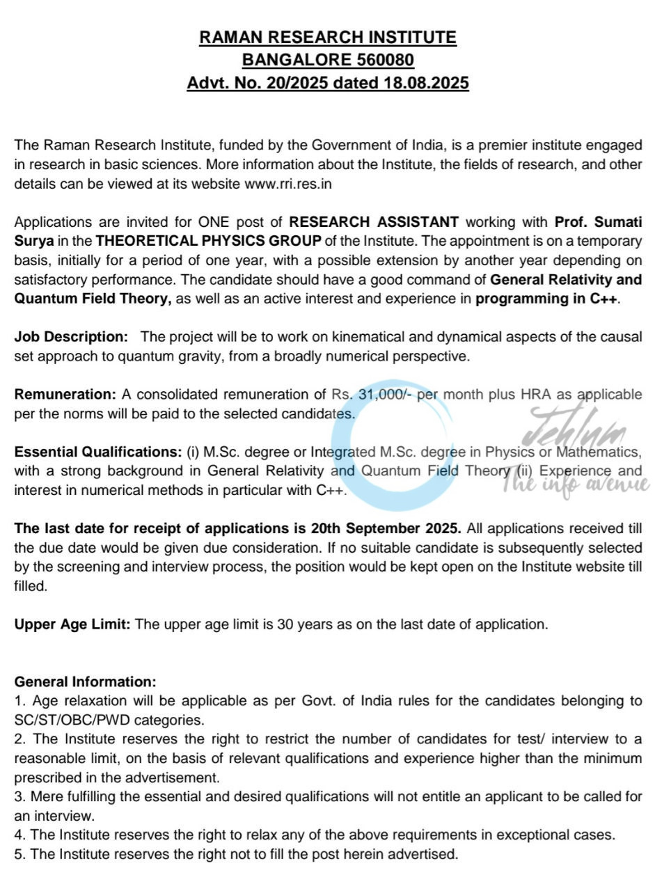 Raman Research Institute RRI Bangalore Theoretical Physics Group Hiring Research Assistant opportunity notice 20/2025