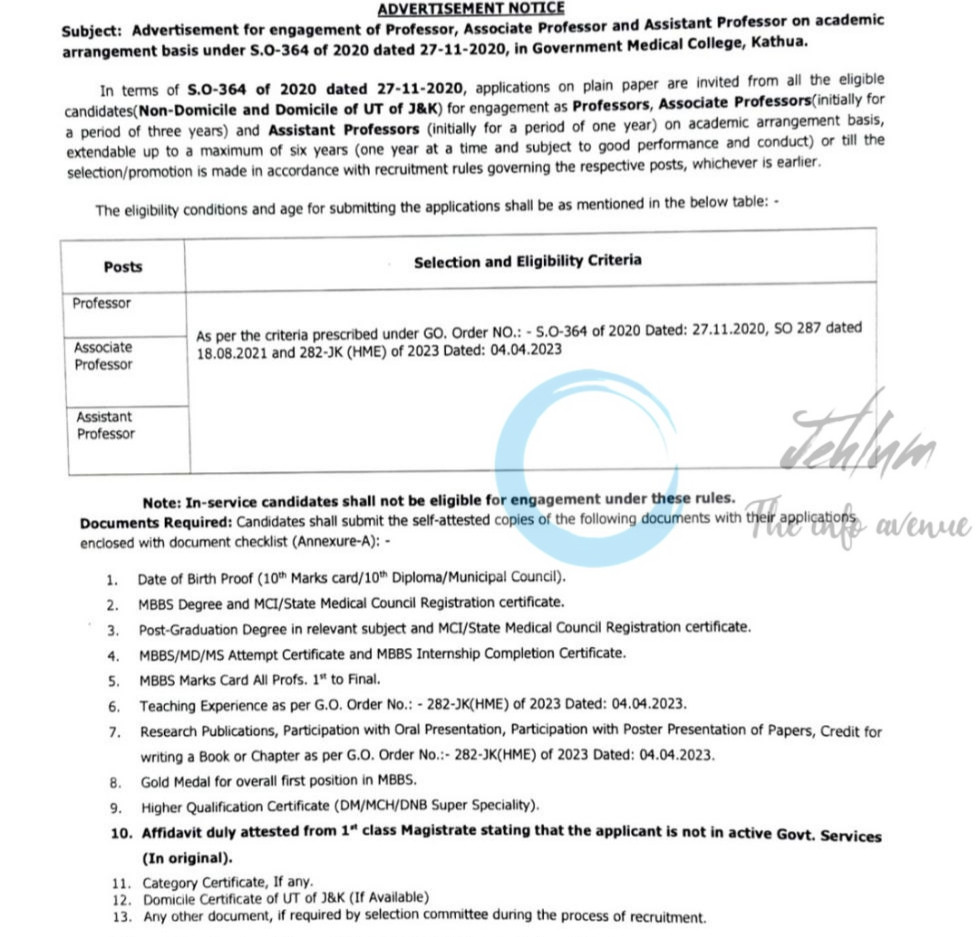 GOVERNMENT MEDICAL COLLEGE GMC KATHUA ACADEMIC ARRANGEMENT RECRUITMENT OPPORTUNITIES 2025