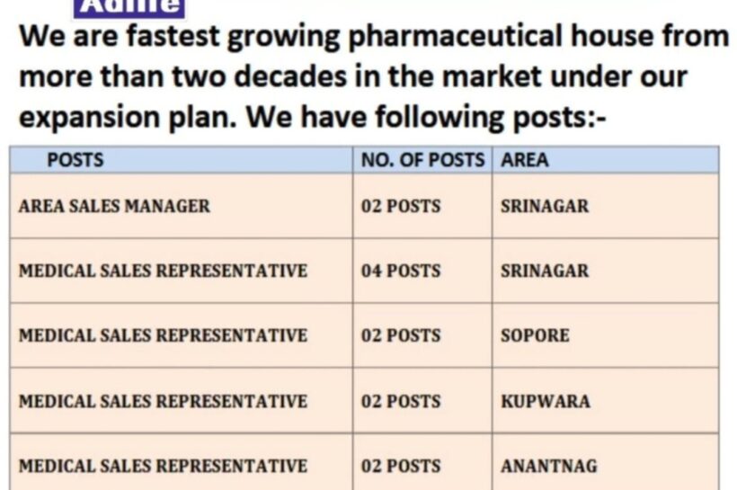Adlife Pharma Kashmir Area Sales Manager/Medical Sales Representative Freshers Jobs Opportunities 2025 Adlife Pharma Kashmir Area Sales Manager/Medical Sales Representative Freshers Jobs 2025