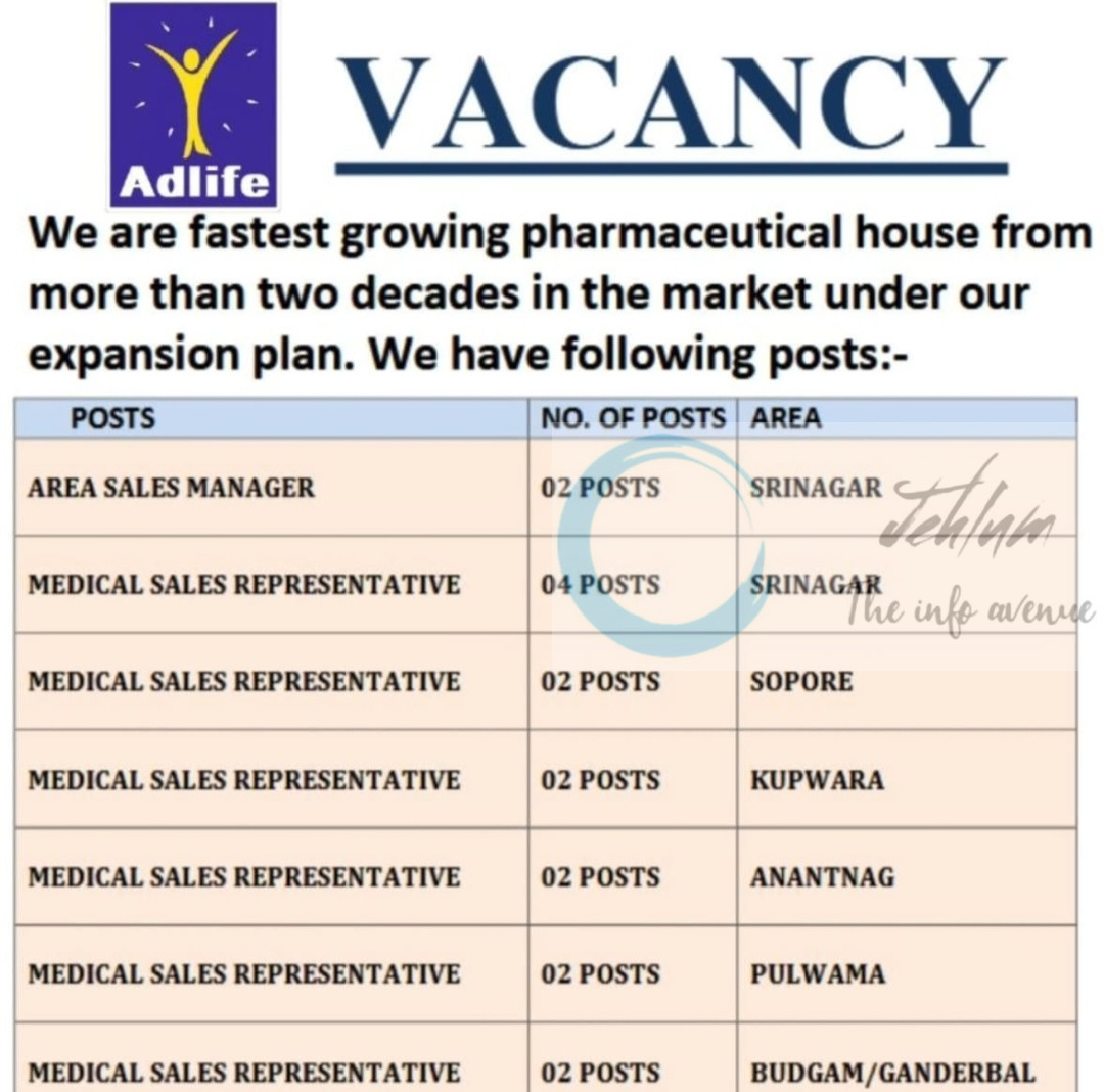 Adlife Pharma Kashmir Area Sales Manager/Medical Sales Representative Freshers Jobs 2025