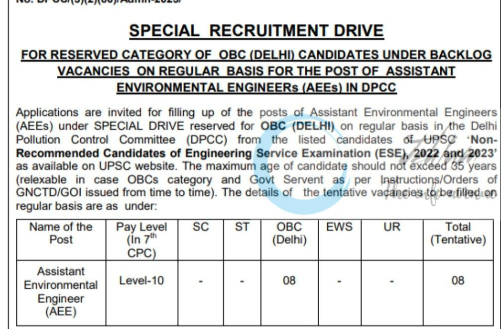 DELHI POLLUTION CONTROL COMMITTEE DPCC ASSISTANT ENVIRONMENTAL ENGINEERS AEE SPECIAL DRIVE OBC ADVT URGENT 2025