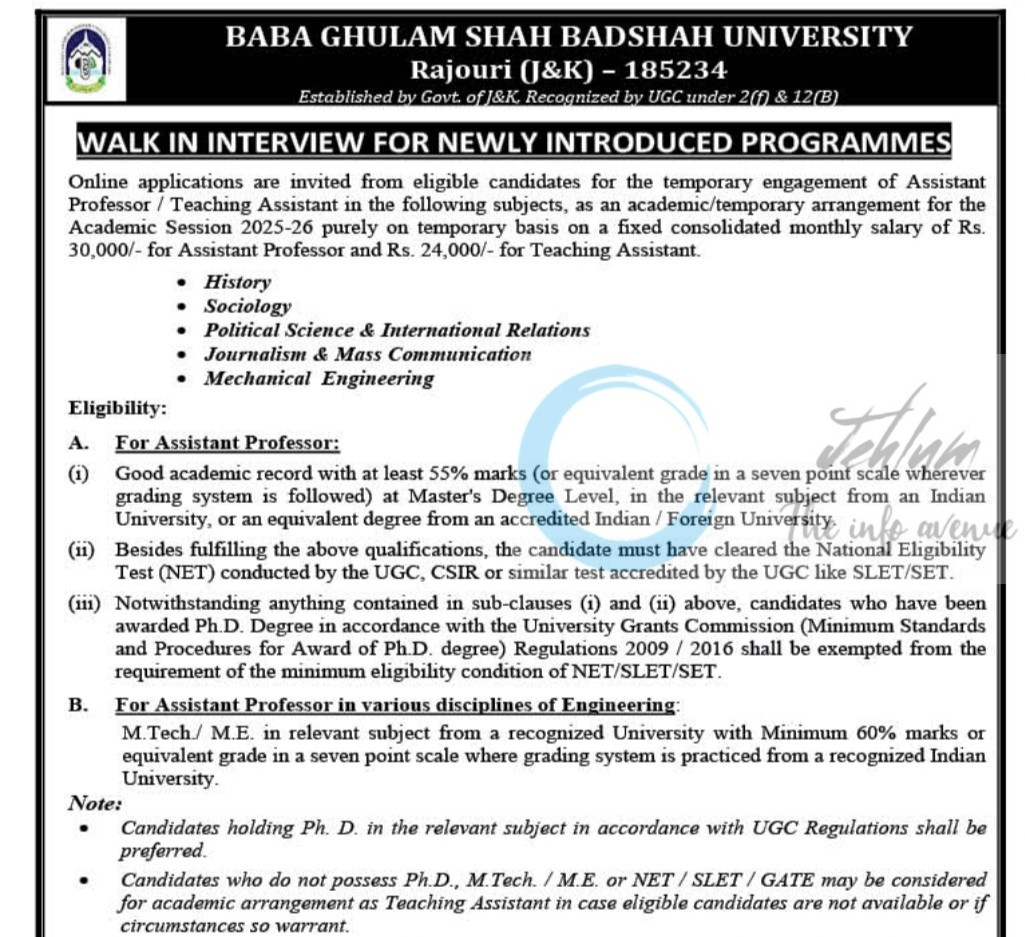 BABA GHULAM SHAH BADSHAH UNIVERSITY BGSBU RAJOURI AP/TEACHING ASSISTANT OPPORTUNITIES WALK IN INTERVIEW DIPK-NB-18-04-25