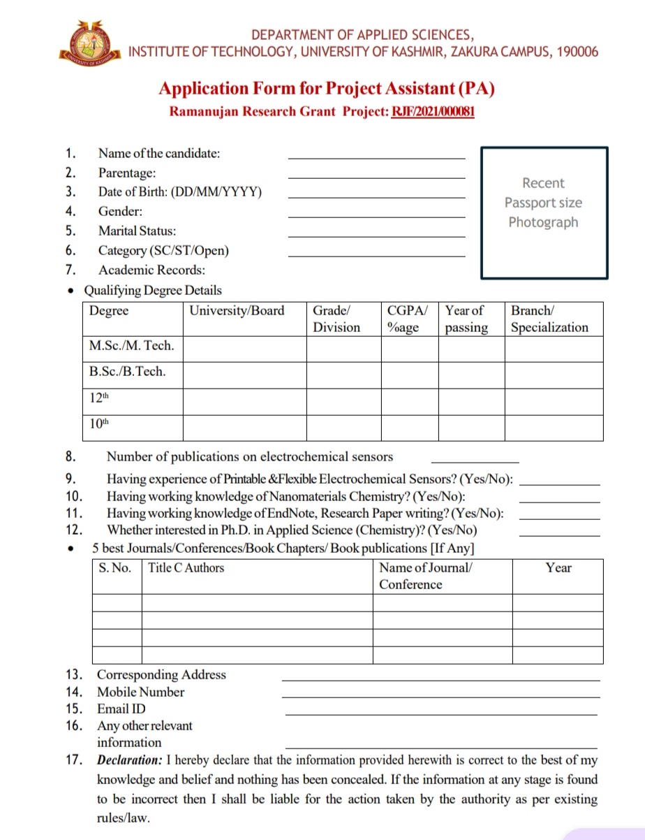 KASHMIR UNIVERSITY KU IoT DEPTT OF APPLIED SCIENCES ZAKURA PROJECT ASSISTANT JOB OPPORTUNITIES 2025
