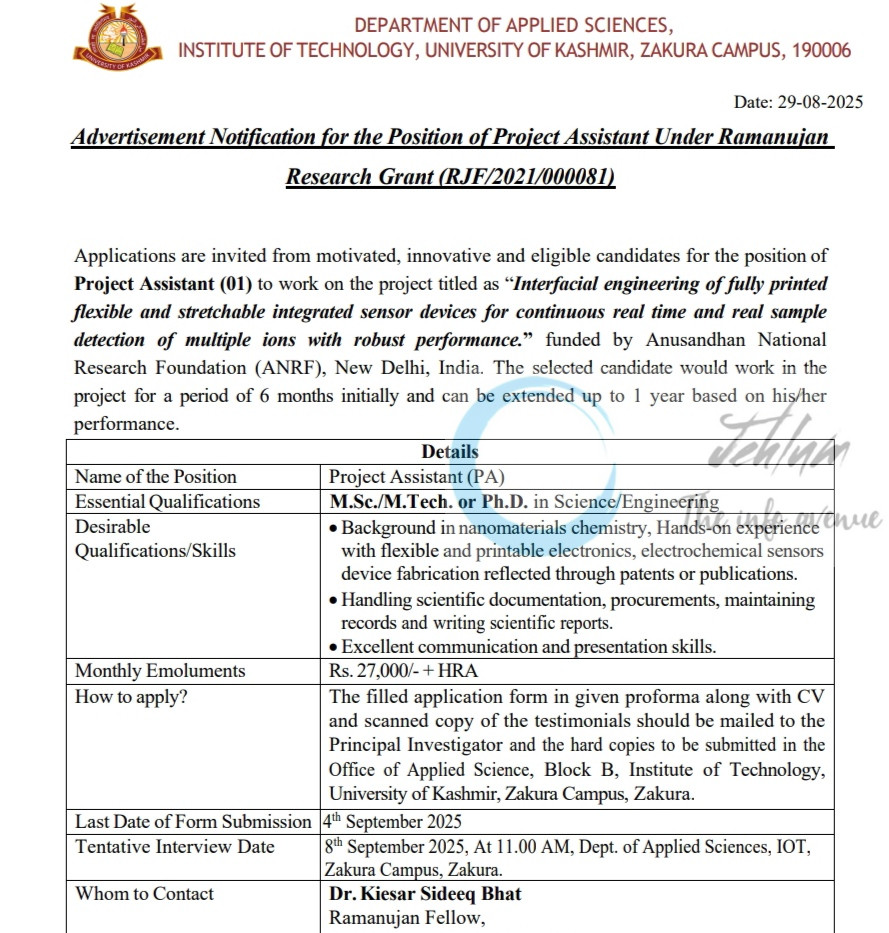 KASHMIR UNIVERSITY KU IT DEPARTMENT OF APPLIED SCIENCES ZAKURA PROJECT ASSISTANT AMAZING JOB OPPORTUNITIES 2025