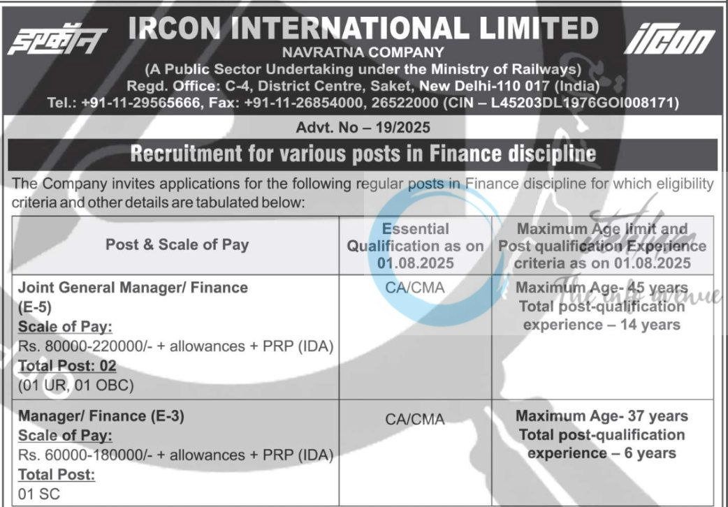 IRCON INTERNATIONAL LIMITED JOB OPPORTUNITIES NOTICE 19/2025