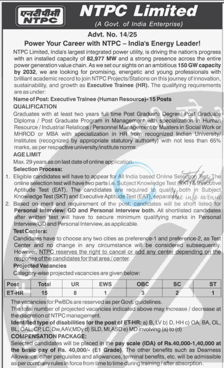 NTPC LIMITED INDIA EXECUTIVE TRAINEE HR JOB OPPORTUNITIES NOTICE 14/2025