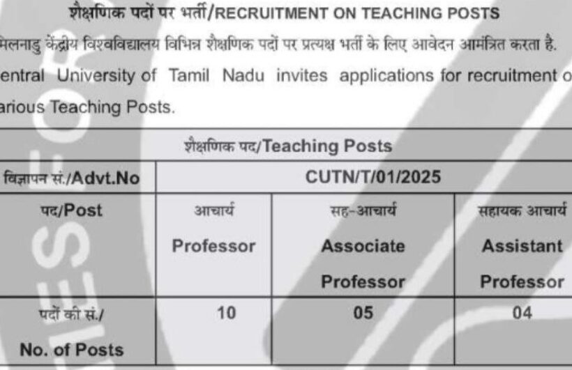 CENTRAL UNIVERSITY OF TAMILNADU TEACHING POSTS JOB OPPORTUNITIES NOTICE CUTN/T/01/2025