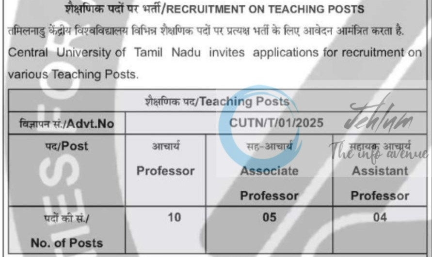 CENTRAL UNIVERSITY OF TAMILNADU TEACHING POSTS JOB OPPORTUNITIES NOTICE CUTN/T/01/2025