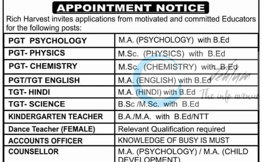 RICH HARVEST SCHOOL RHS BARI BRAHMANA JOB OPPORTUNITY 2025