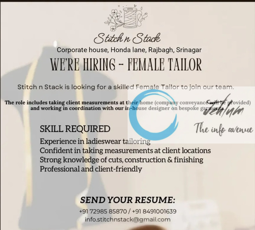 Stitch n Stack Rajbagh Srinagar Female Tailor Jobs Opportunity 2025