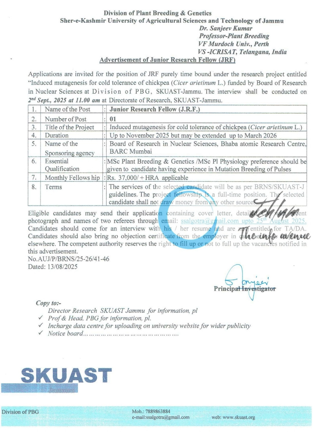 SKUAST Jammu Junior Research Fellow JRF Opportunities in Plant Breeding Genetics Advt No AUJ/PBRNS/25-26/41-46 2025